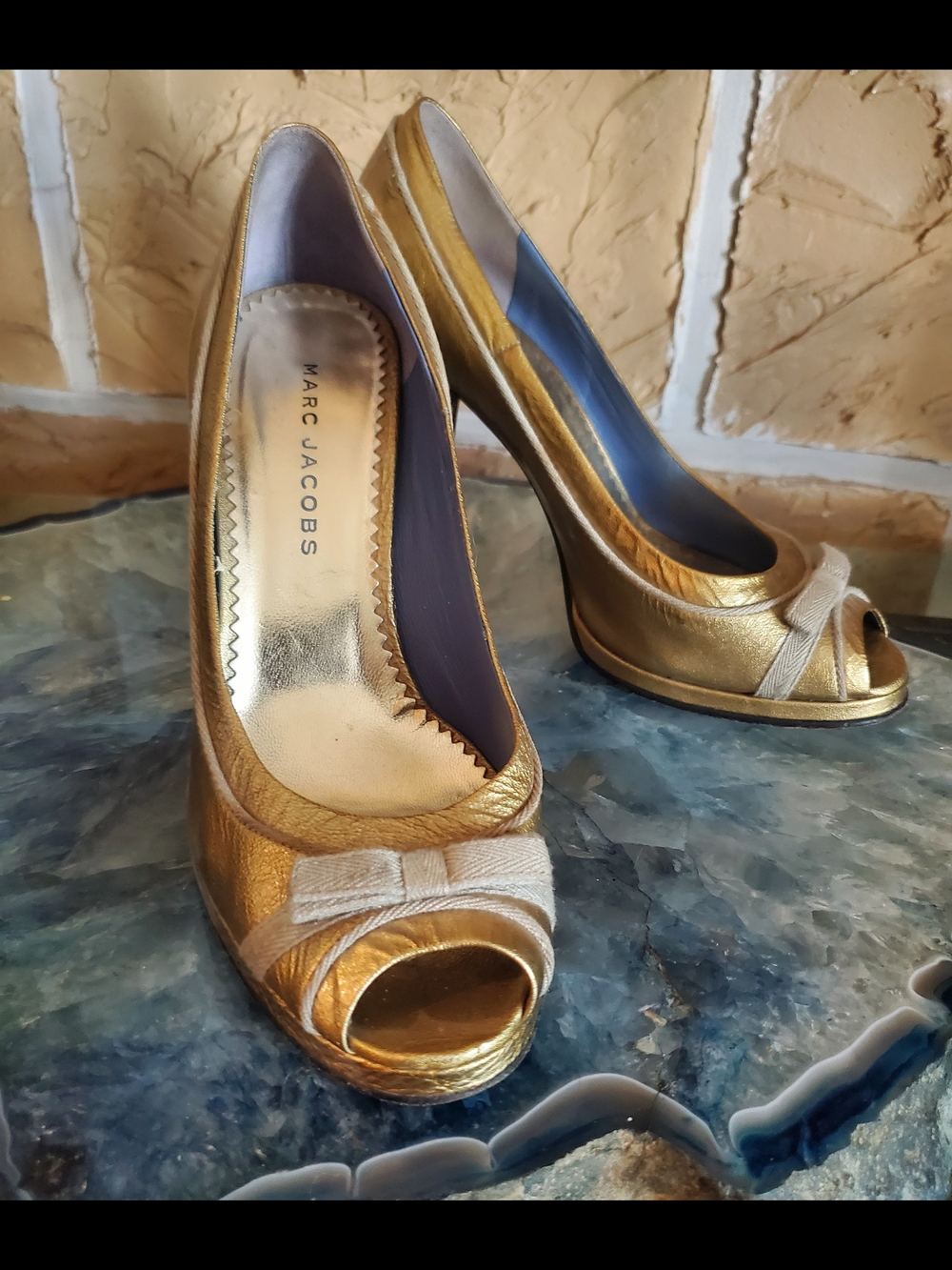 Marc Jacobs Gold Peep-Toe Heels with Front Bow